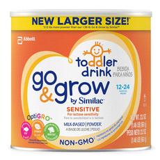 Go & Grow by Similac Sensitive NON-GMO Toddler Drink For lactose sensitivity A milk-based drink for toddlers 12 to 24 months old with lactose sensitivity. For helping balance toddlers' diets. Non-GMO.