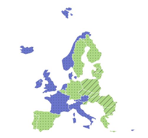 ASSET dataviz 1 p3 Polio vaccina0on coverage in EU/EEA. Blue/green countries are below/above the European average. Mandatory vaccina0on has been marked with a lined background.
