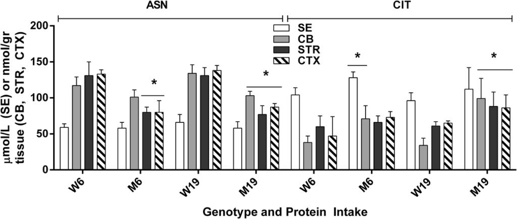 Vogel et al. Orphanet Journal of Rare Diseases 2014, 9:73 Page 5 of 8 Figure 5 Asparagine and citrulline level as a function of protein intake and tissue. Two-way ANOVA, p < 0.
