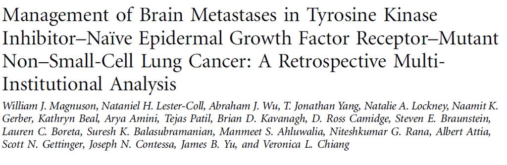 Management of brain metastases in TKI-naïve EGFR mutationpositive NSCLC: retrospective analysis 351 EGFR-mutant NSCLC BM from six institutions SRS followed by EGFR-TKI (n=100) WBRT followed by