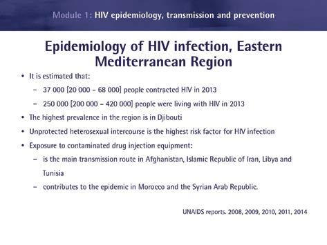 Module 1 Slide 15: Main epidemiological characteristics of the HIV infection in the Eastern Mediterrenean Region Slide 16 The epidemiological data specific to the country where the training is to be