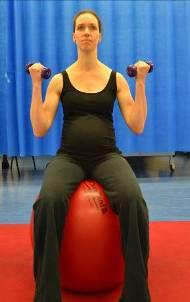 Biceps curls on gym ball Sitting upright on a gym ball holding a weight in each