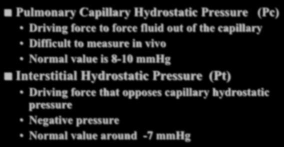 mmhg Interstitial Hydrostatic Pressure (Pt) Driving force that opposes capillary hydrostatic pressure Negative pressure