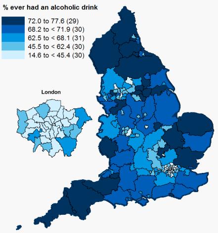 Drinking prevalence for 15 year olds Drinking prevalence by LA Barnsley District (77.6%), Devon (76.9%) and Cornwall (76.6%) had the highest prevalence of 15 year olds who have ever drunk alcohol.