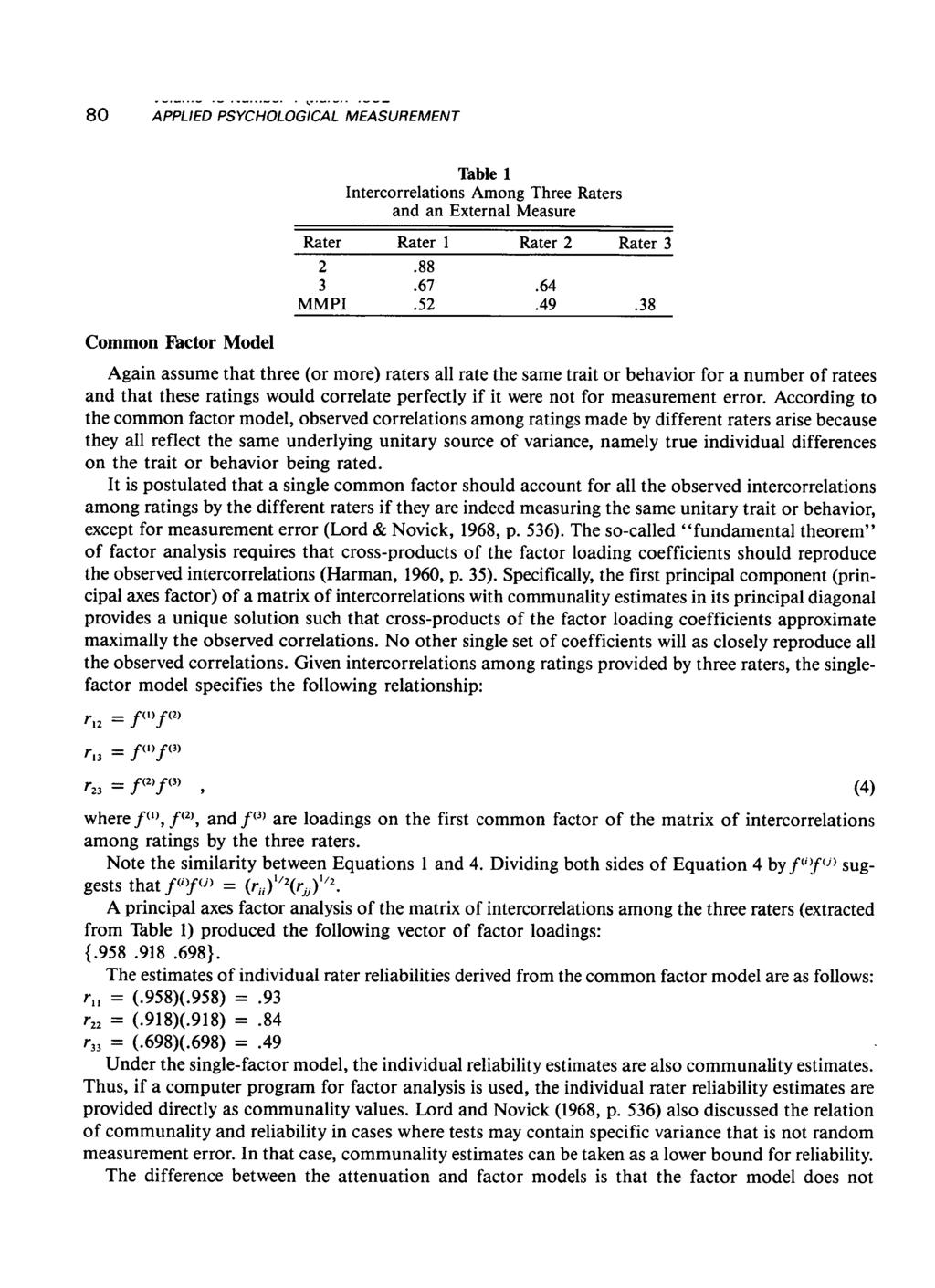 80 Table 1 Intercorrelations Among Three Raters and an External Measure Common Factor Model Again assume that three (or more) raters all rate the same trait or behavior for a number of ratees and