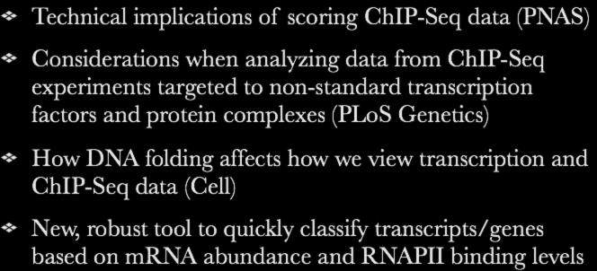 Overall Summary Technical implications of scoring ChIP-Seq data (PNAS) Considerations when analyzing data from ChIP-Seq experiments targeted to non-standard transcription factors and protein