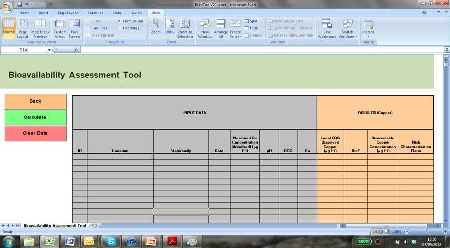Figure 3.2 Screenshot of the bioavailability assessment tool. 3. The grey columns on the left (Figure 3.