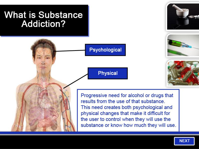 Slide 4 - What is Substance Addiction? Substance addiction or dependence is the progressive need for alcohol or drugs that results from their use.