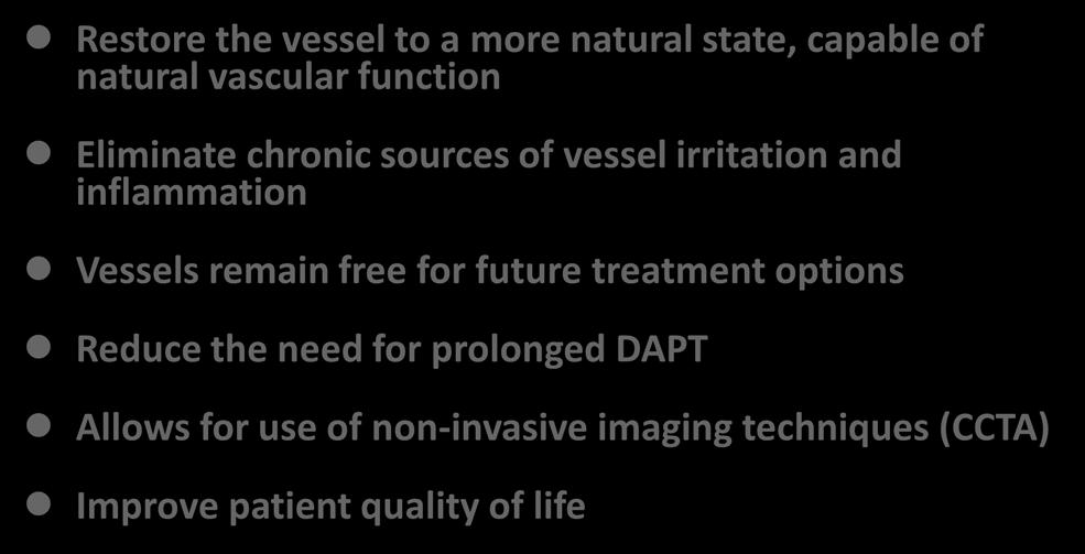 irritation and inflammation Vessels remain free for future treatment options Reduce the need for prolonged DAPT Allows for use of non-invasive imaging