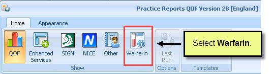 else the patient-specific menu displays. 3. The Practice Reports screen appears. Select Warfarin on the toolbar.