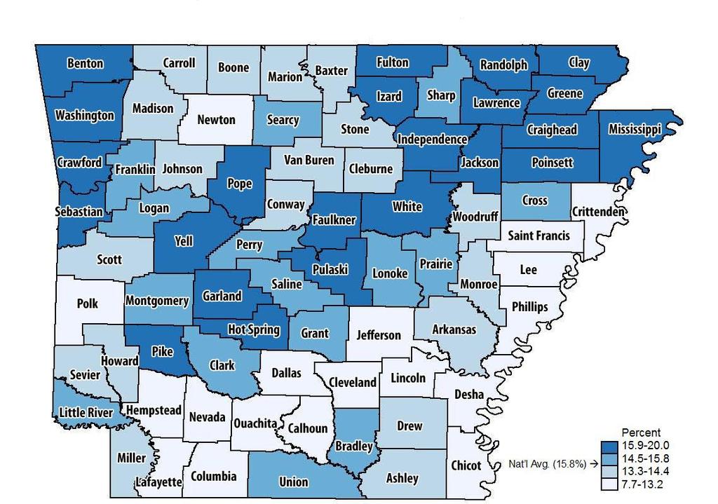 Depression The percent of Arkansas Medicare patients with depression is shown for Arkansas counties.