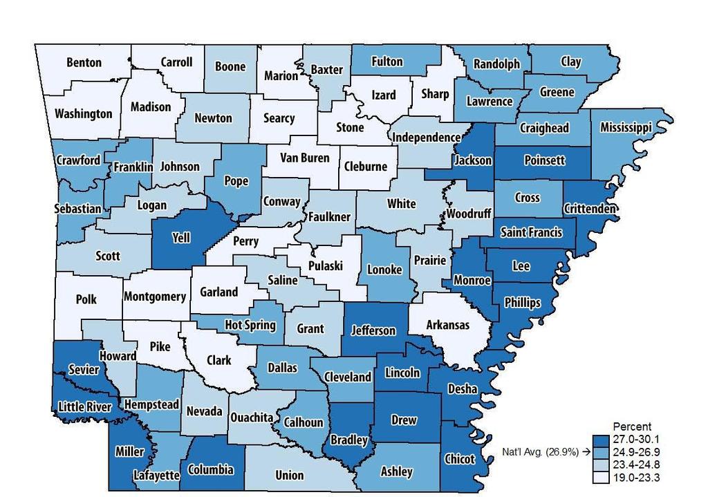 Diabetes The percent of Medicare patients who have been diagnosed with diabetes is shown for Arkansas counties.