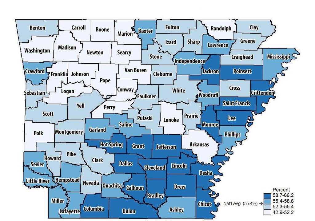 Hypertension The percent of Medicare patients with hypertension (also known as high blood pressure) is shown for Arkansas counties.