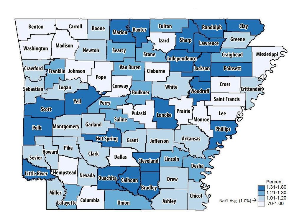 Lung Cancer The percent of Arkansas Medicare patients with lung cancer is shown for Arkansas counties.