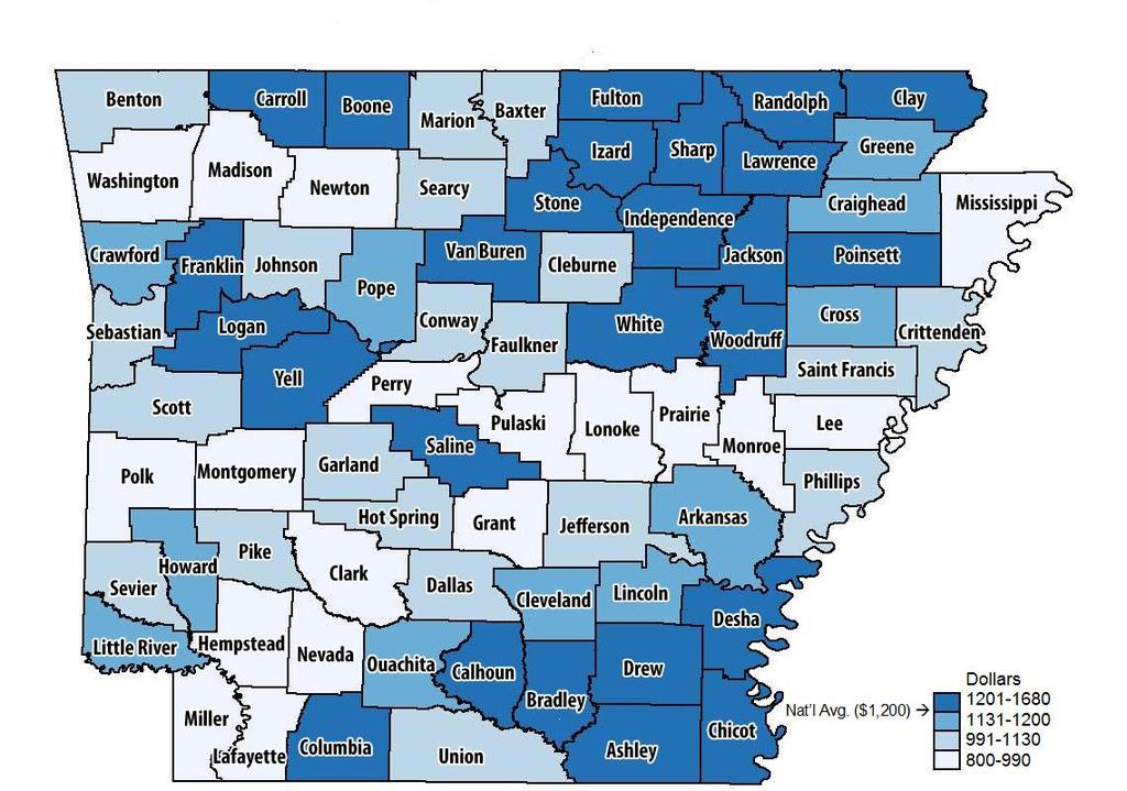 Medicare Outpatient Total Cost Per Capita The range of average outpatient costs for an Arkansas Medicare beneficiary is illustrated by county.