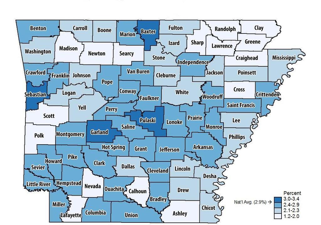Breast Cancer The percent of Medicare patients with breast cancer is shown for Arkansas counties. Breast cancer is abnormal cell growth in the breast tissue.