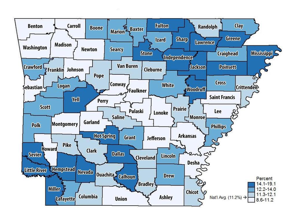 Chronic Obstructive Pulmonary Disease (COPD) The percent of Arkansas Medicare patients with chronic obstructive pulmonary disease (COPD) is shown for Arkansas counties.