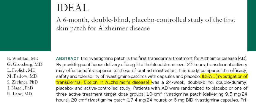 Treatment groups (double-dummy, double-blind): Rivastigmine once-daily patch 20 cm 2 and placebo capsules Rivastigmine once-daily patch