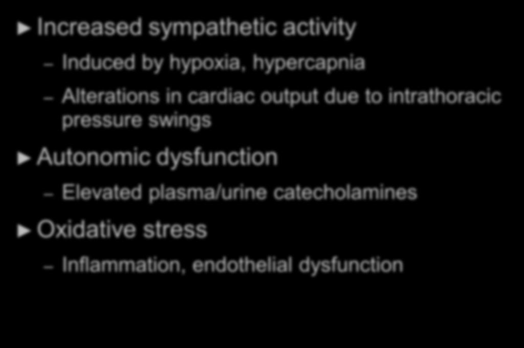 Cardiovascular effects of OSA Increased sympathetic activity Induced by hypoxia, hypercapnia Alterations in cardiac output due to