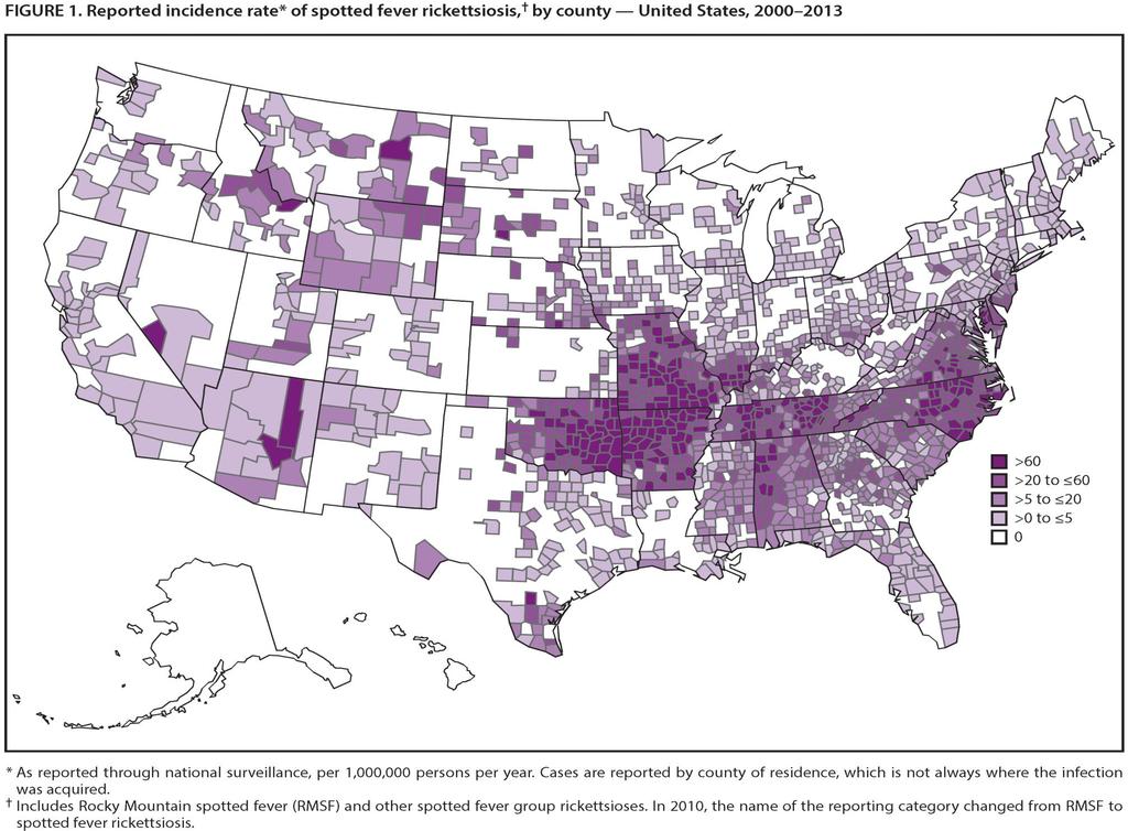 Reported RMSF Incidence by County, 2000-2013 MMWR 2016: Diagnosis and Management of
