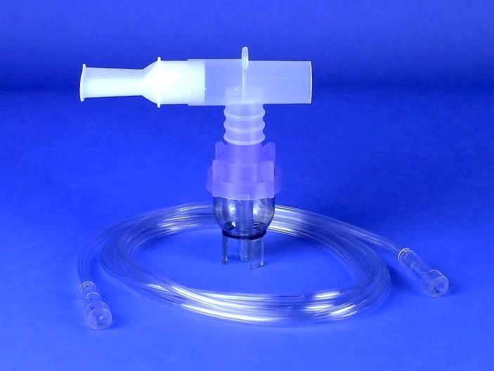 single-patient use nebulizer, identified by the clear plastic bowl, is