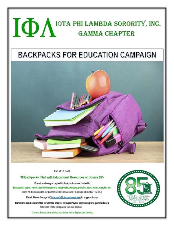 2016 Backpacks for Education Campaign Prior to the beginning of Sorority Year 2016-2017, Sorors of Gamma chapter