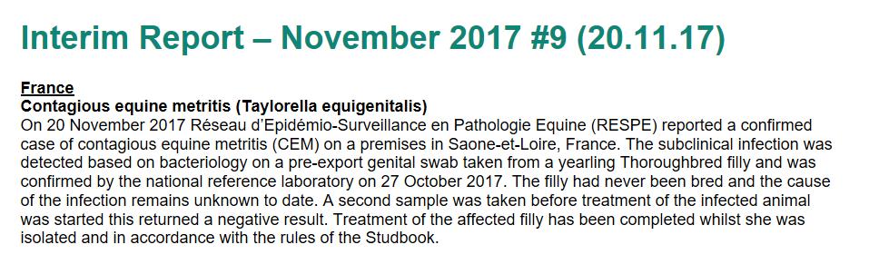 Unexpected CEM in France Reported by RESPE on 20 November 2017 Confirmed by reference lab on 27 October 2017 Subclinical