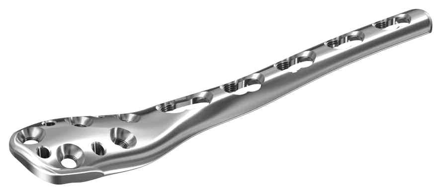 LCP Lateral Distal Fibula Plate Combi-holes in shaft accept 3.5 mm locking screws, 3.5 mm cortex screws, and 4.0 mm cancellous bone screws Five coaxial distal holes accept 2.4 mm and 2.
