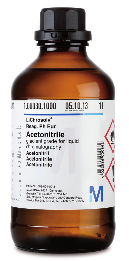 Organic solvents LC-MS suitability test of different acetonitrile qualities LC-MS grade acetonitrile from EMD Millipore is specified via the reserpine test.