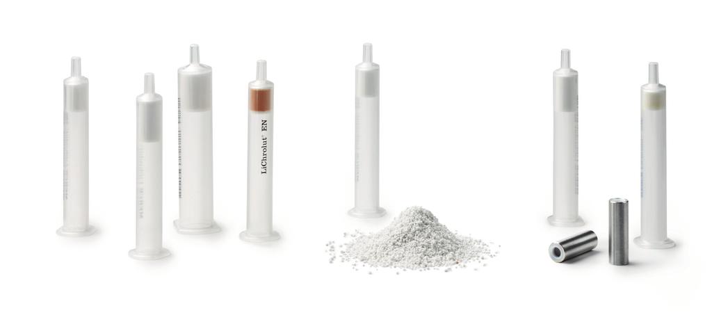 Figure 2 Various LiChrolut cartridges suitable for the sample preparation of samples with high salt and matrix load. The type of stationary phase (e.g., reversed phase, cyano) can be chosen according to the specific needs of each sample.