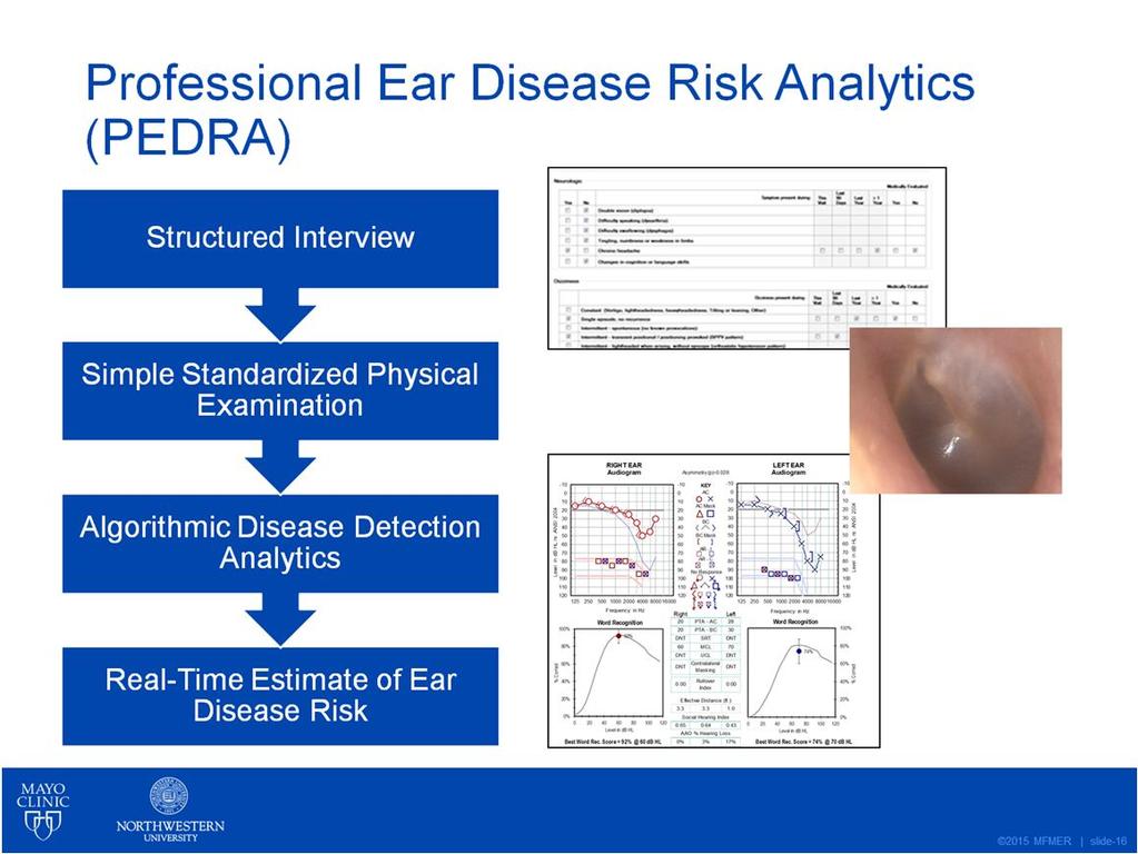 PEDRA includes a structured interview, a standardized physical examination, standard audiological tests, and statistical methods that use collected data to provide a probabilistic estimate of ear