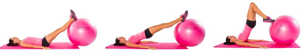 hamstring curls Lay on a yoga mat with your heels resting on a Swiss ball, ams by your sides.