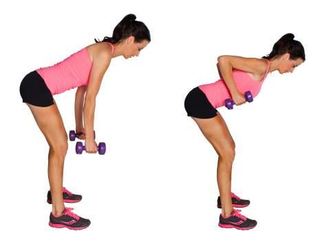 dumbbell bent over rows Hold a dumbbell in each hand. Stand with your feet hip width apart then bend forwards slightly at the hip with your arms straight.