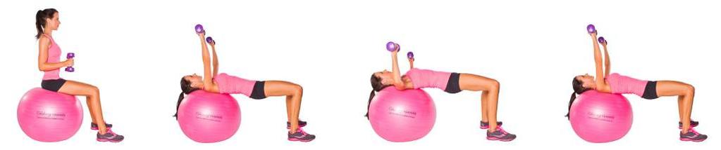 ball chest press Start by sitting on a Swiss Ball with a dumbbell in each hand. The ball will be the right size if your knees are at right angles when you sit on it.