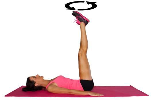 high leg circles Start by laying on your back with your feet together and lifted up to the ceiling. Keep your legs straight, making a 90 degree angle at your hips and hands down by your sides.