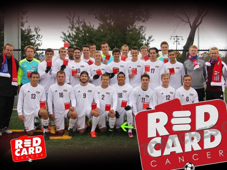 Bloomsburg University men s soccer team at their 6 th annual Red Card Cancer match, with their head coach and RCC founder Paul Payne (far right).