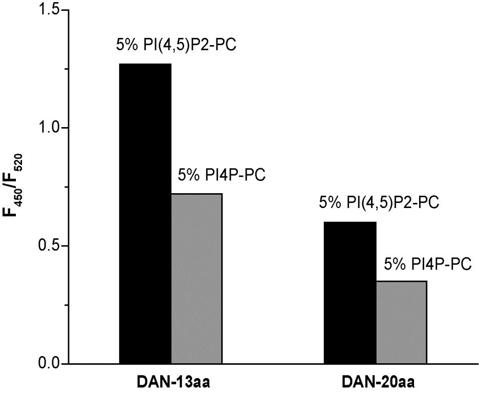 Figure S3: Ratiometric response of DAN-13aa and DAN-20aa toward 5% PI(4,5)P2-PC and 5% PI4P-PC vesicles (total phospholipid concentration
