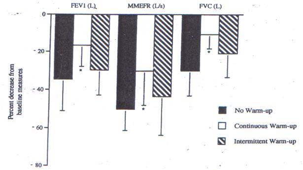 Figure 1: Percentage decrease in FEV1, MMEFR and FVC in comparison with baseline measures following each experimental condition.