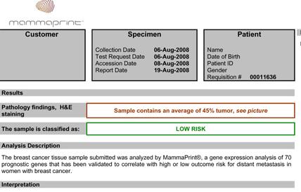 Slide 89 Example of a MammaPrint Report 89 89 Result is reported as low risk (of recurrence).