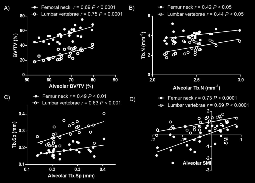 64 Figure 25: Correlation plots for structural outcomes between mandible and femoral neck or lumbar vertebrae measured by u-ct. Correlation plots showing the data distributions for A) BV/TV, B) Tb.