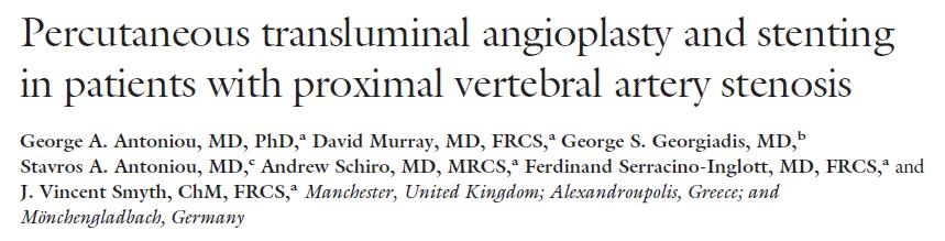 Forty-two selected studies reported endovascular treatment (angioplasty or stenting, or both) of 1,117 vertebral arteries in 1,099 patients There is limited comparative evidence on the efficacy of