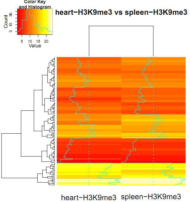 Alterations of H3K9me3 in the heart and spleen 1703 Figure 4. Cluster analysis of the enrichment of shared peak.