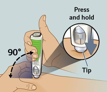 8) Before injecting, read steps A-C to learn correct way to administer dose. A. Prepare to administer dose Hold pen straight up from injection site (at a 90 degree angle).