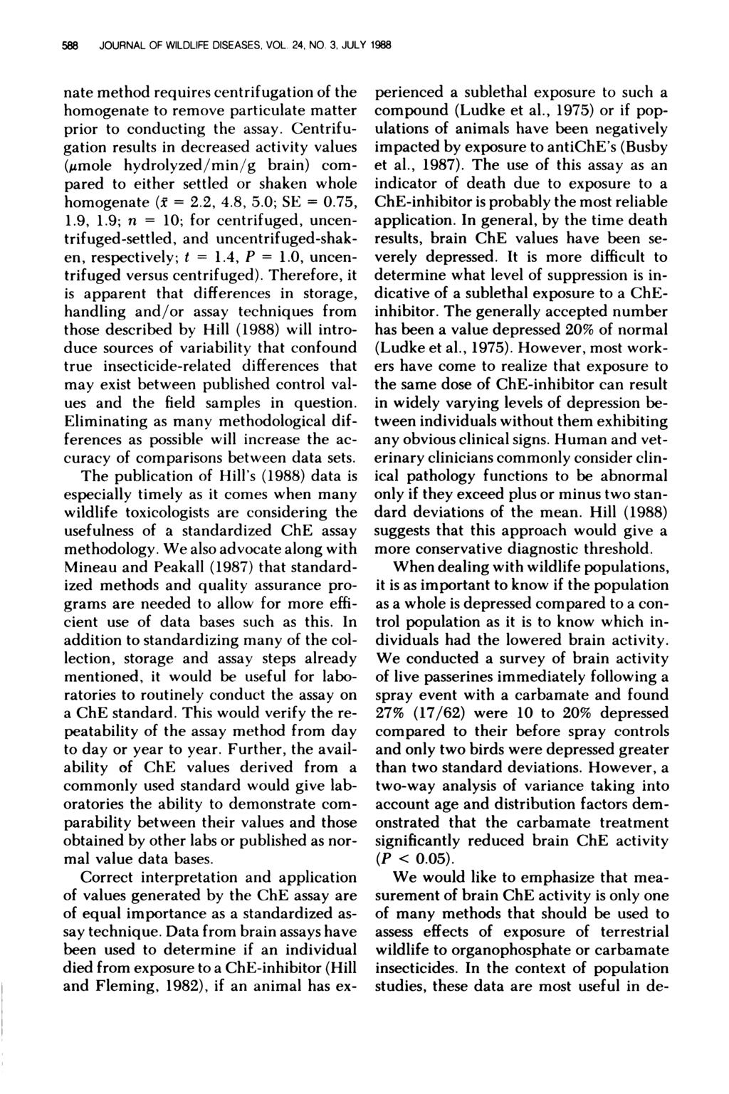 588 JOURNAL OF WILDLIFE DISEASES, VOL. 24, NO. 3, JULY 1988 nate method requires centnifugation of the homogenate to remove particulate matter prior to conducting the assay.
