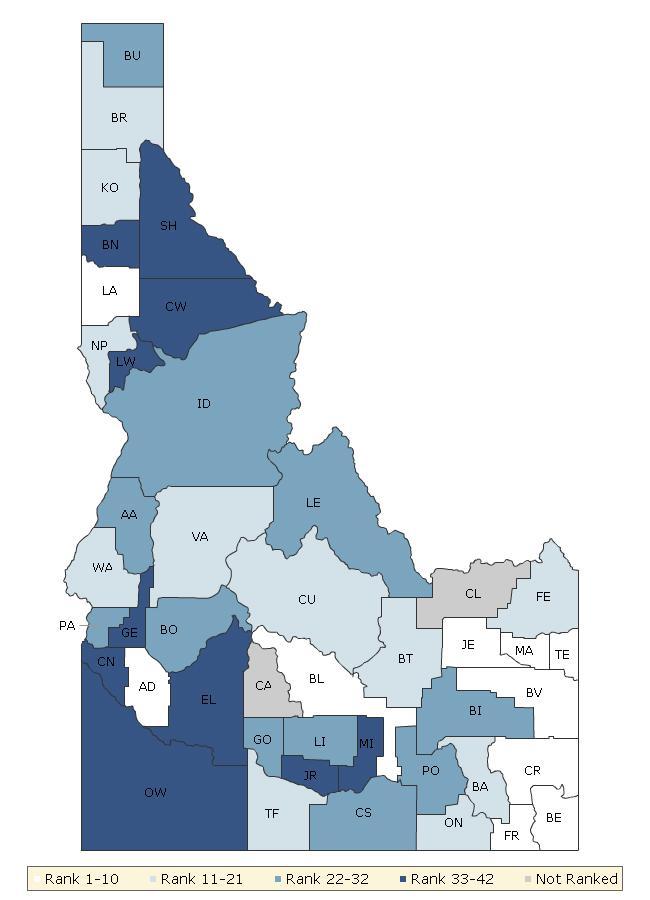 The maps on this page display Idaho s counties divided into groups by health rank. The lighter colors indicate better performance in the respective summary rankings.