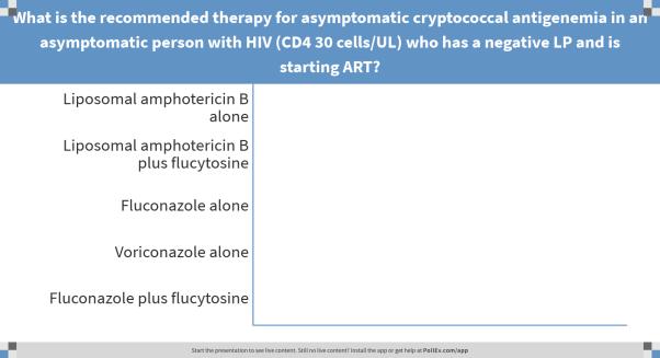 64 Post Test What is the recommended therapy for asymptomatic cryptococcal antigenemia in an asymptomatic person with HIV (CD4 30 cells/ul) who has a negative LP and is starting ART?