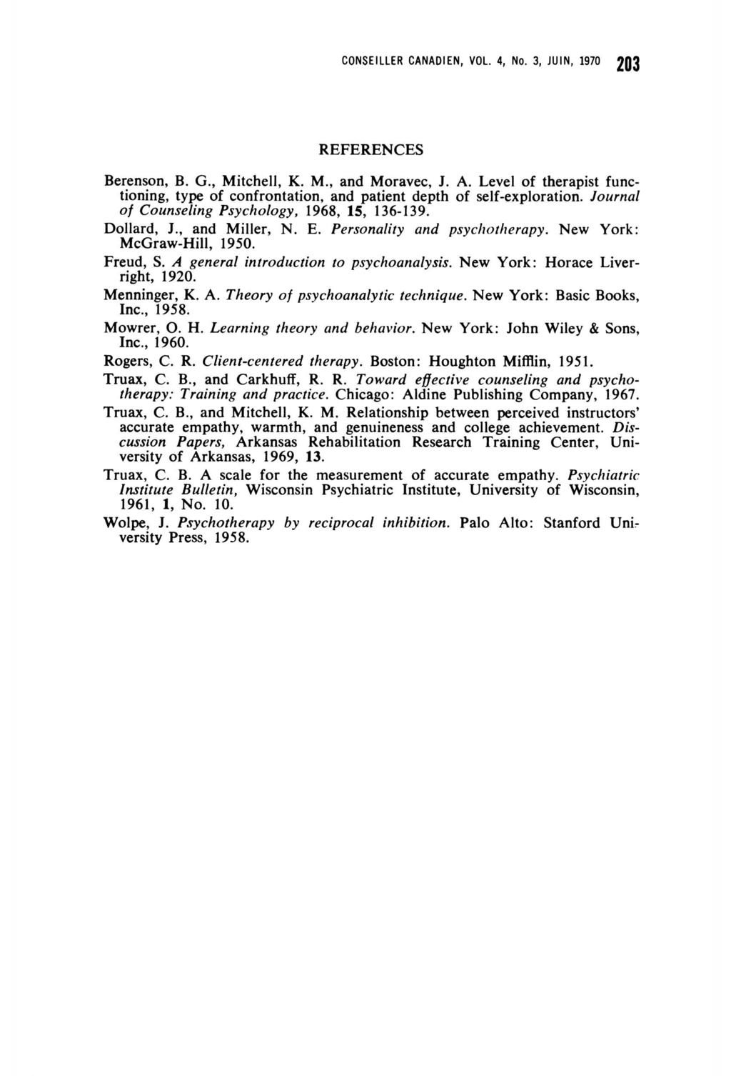 CONSEILLER CANADIEN, VOL. 4, No.3, JUIN, 1970 203 REFERENCES Berenson, B. G., Mitchell, K. M., and Moravec, J. A.