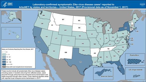 USA, Zika cases: January 2017- November 1, 2017 US States Travel-associated cases