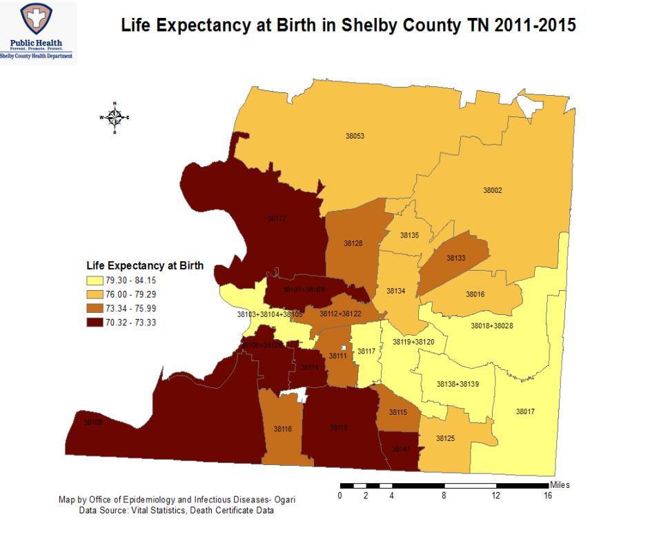 Life expectancy at birth for Shelby County has remained relatively stable for the past few years but is heterogeneously distributed in Shelby County ZIP Codes (Figure 65).
