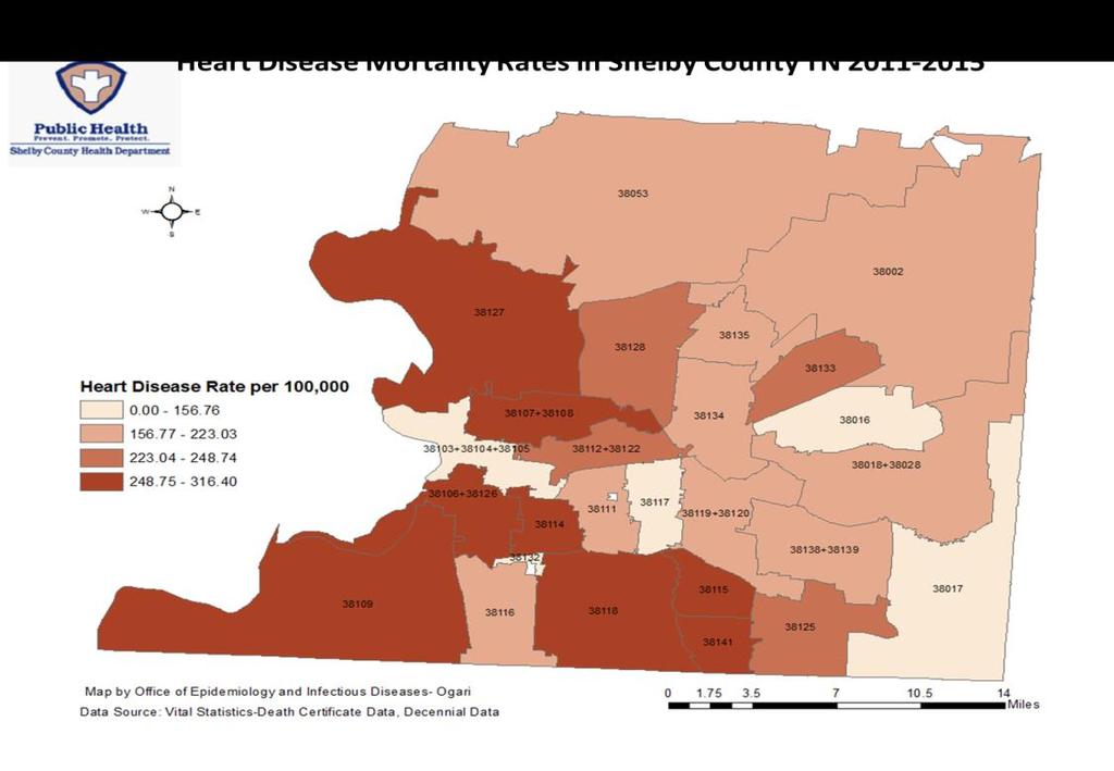 Figure 72 Heart Disease Mortality Rates by ZIP Code, Shelby County,